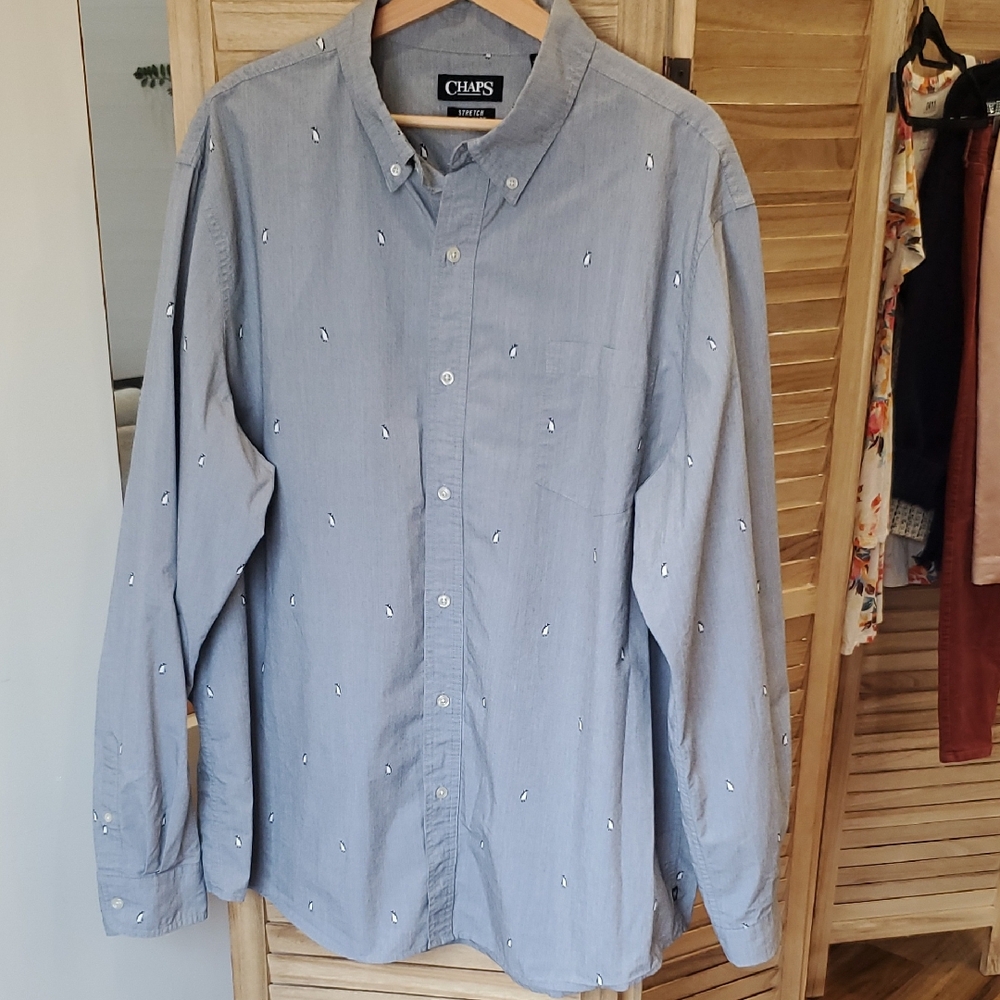 Men's Winter print Penquin Dusty Blue cotton blend Button Down Sz XXL